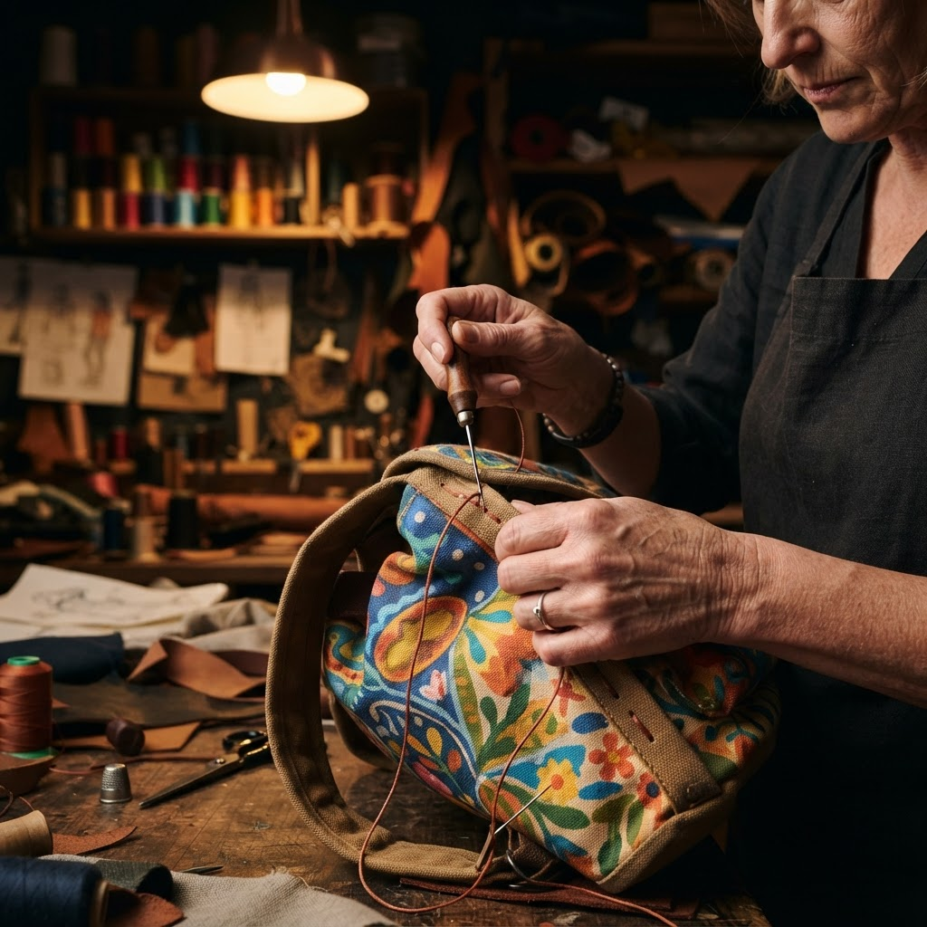 Handgefertigter, farbenfroher Velaro Rucksack in Handarbeit