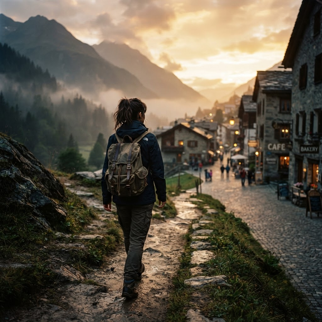 Person mit Velaro Rucksack auf einem Bergpfad im Übergang zur Stadt